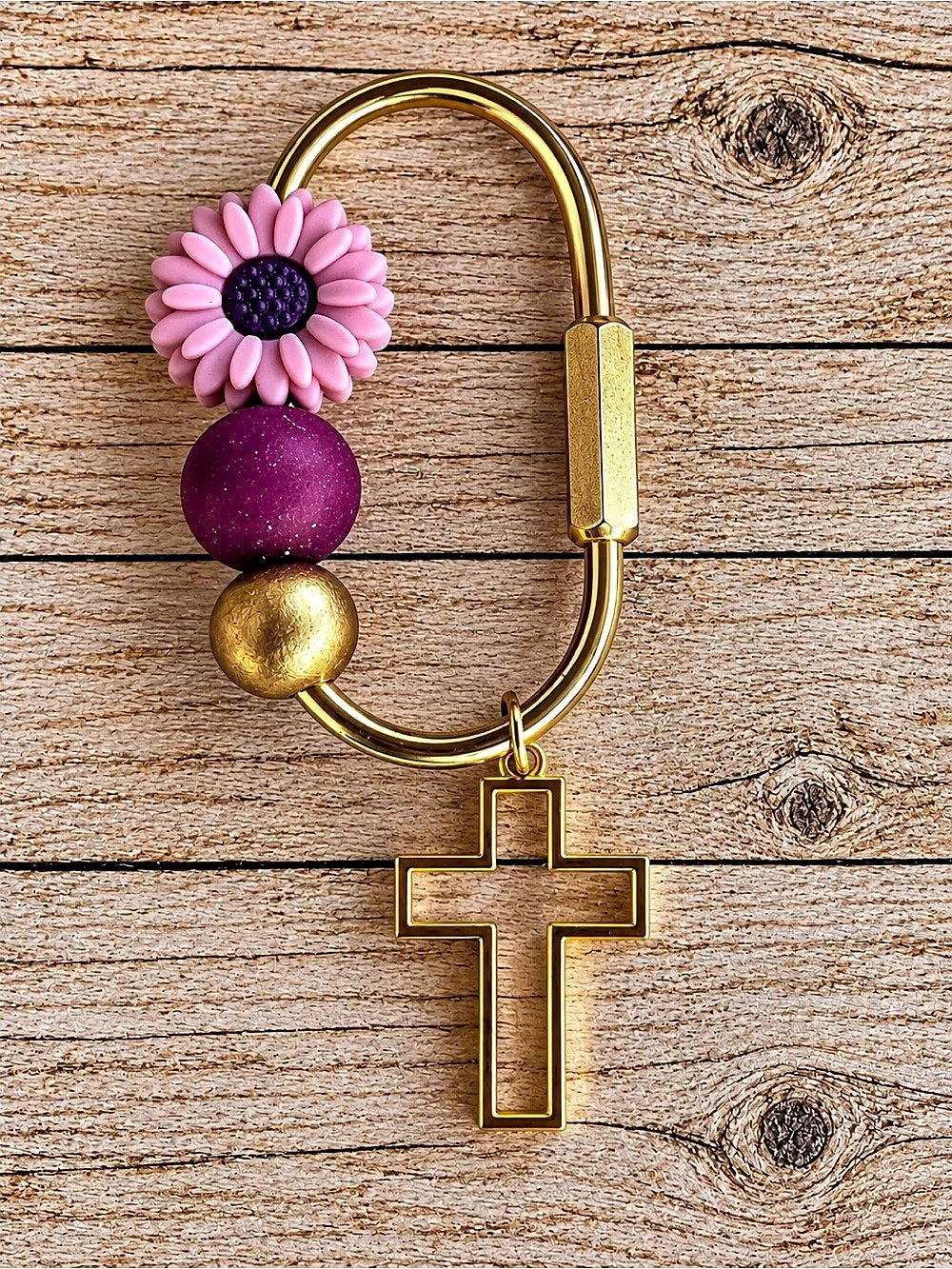 Floral Cross Purse Charm in Gold & Pink